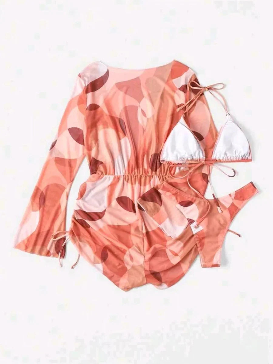 3 Pieces Triangle Halter String Bikini Long Sleeve Swimsuit Women Swimwear Female Bathers Bathing Swimming Swim Suit