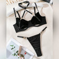 Toucheart 2-Piece Set Sexy Lingerie Women See-Through Halter Neck Comfortable Garter Socks Solid Color Hollow Out Underwear Set
