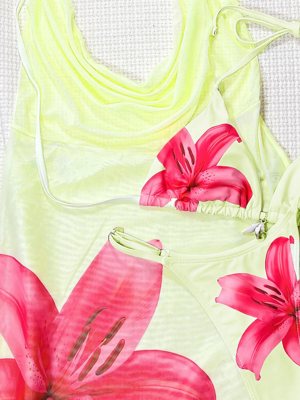 DEKA Sexy Flower Sheer Mesh Bikini 3PC Tummy-Hiding Design Slimming Design Split Bikini Set Split Style Fabric Slim-Fit Swimwear