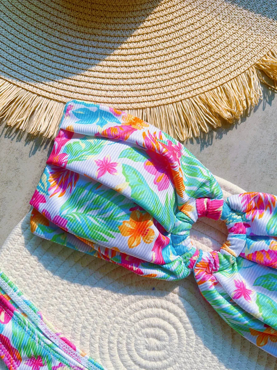 Ribbed Floral Printed Bandeau Bikini Women Swimwear Female Swimsuit Two-pieces Bikini Set High Cut Bather Bathing Suit Swim Lady