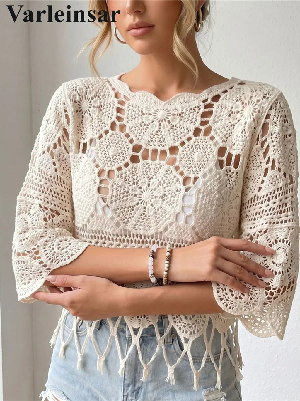 Half Sleeve Hollow Out Solid Crochet Knitted Tunic Beach Cover Up Cover-ups Beach Dress Beach Wear Beachwear Female Women V8401