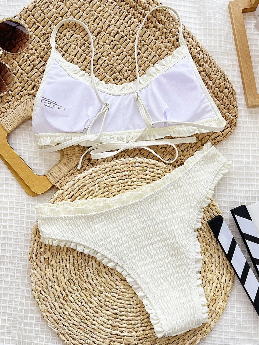 Frilled Ruffled Wrinkled Pleated Bikini Women Swimwear Female Swimsuit Two-pieces Bikini Set White Bather Bathing Suit Swim Lady