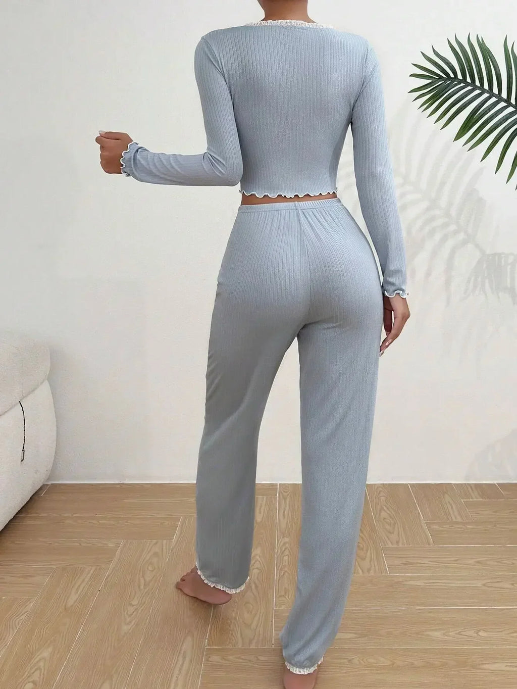 Women Autumn Winter Sleepwear Blue Lace Long Sleeves T-shirt Tops and Trousers 2 Pieces Pajamas Set Loungewear Home Suit