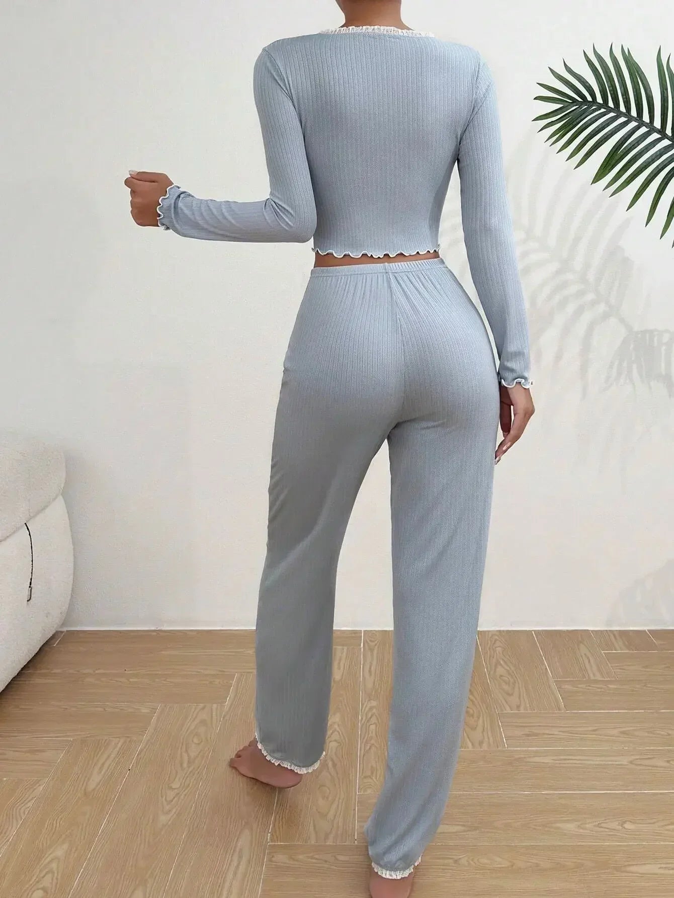 Women Autumn Winter Sleepwear Blue Lace Long Sleeves T-shirt Tops and Trousers 2 Pieces Pajamas Set Loungewear Home Suit