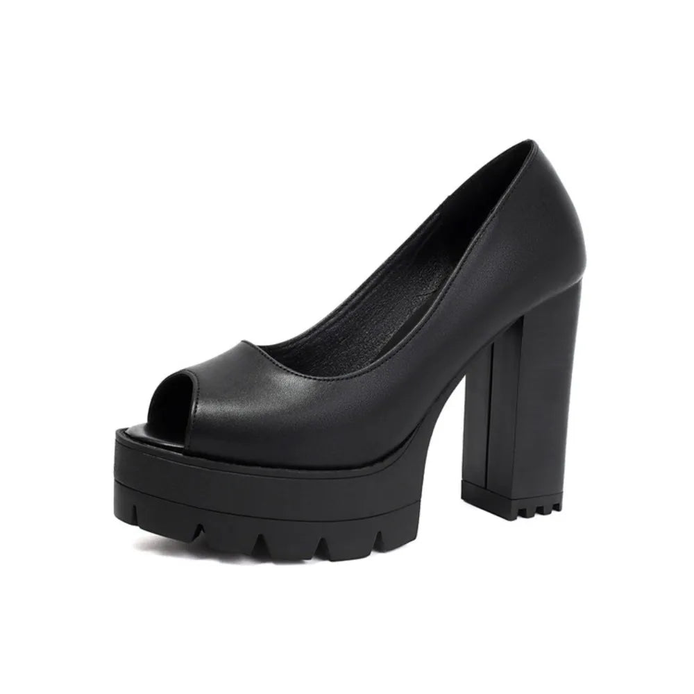 Ladies Vintage Flock Black Peep Toe Pumps Classic Summer Chunky High Heels Women Slip On Party OL Single Shoes Big size 36-46