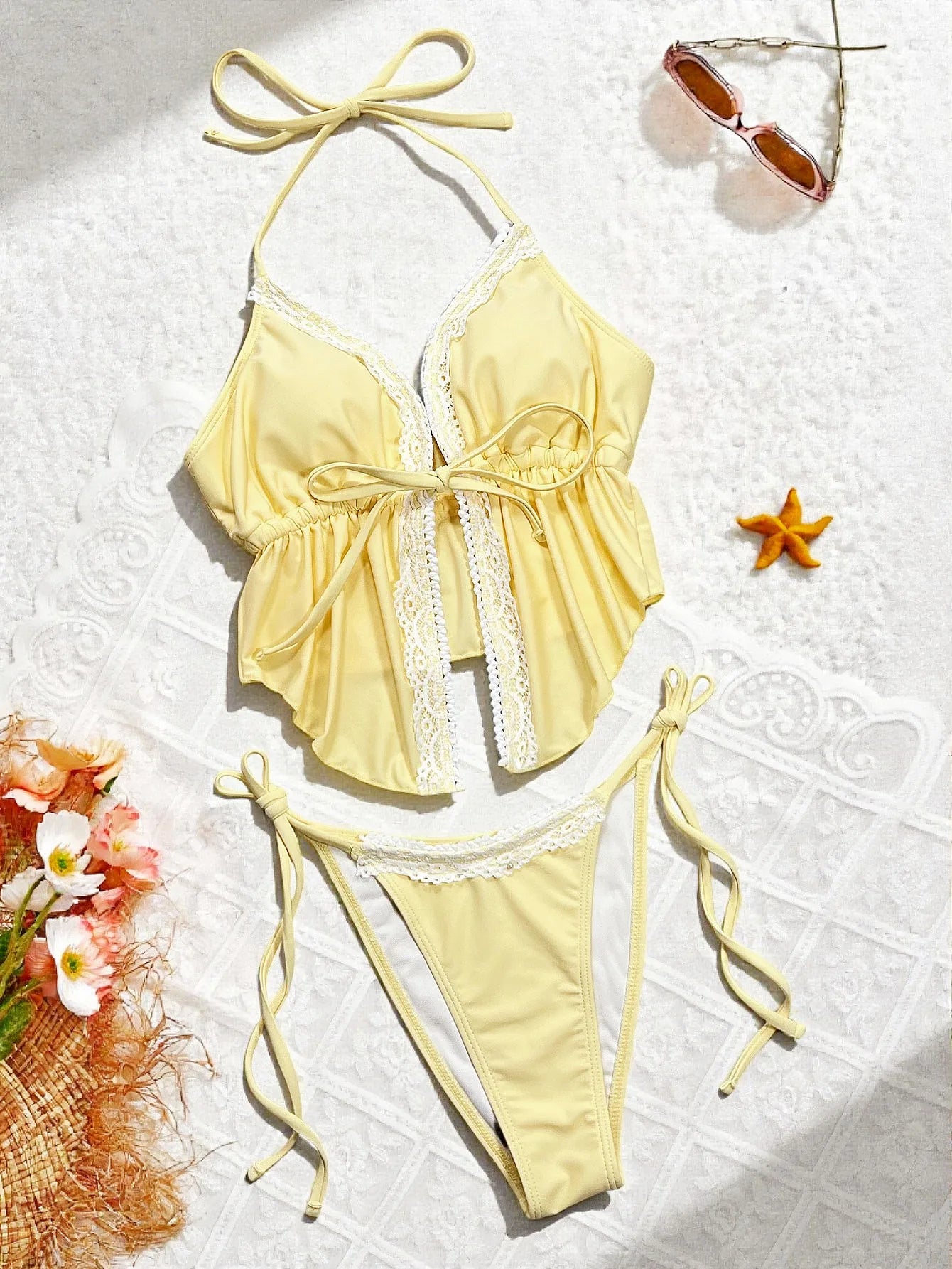 DEKA 2026 New Yellow Lace-up Bikini Set Two-Piece Swimsuit Women High Elastic Sexy Triangle Cup Swimwear Set No Sleeve
