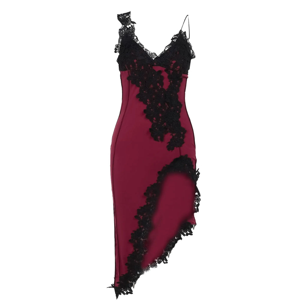 Womens Sexy Deep V Suspender Dress Lace Patchwork Slim Open Back Casual Dresses Summer High Waist Side Slit Midi Bodycon Dress