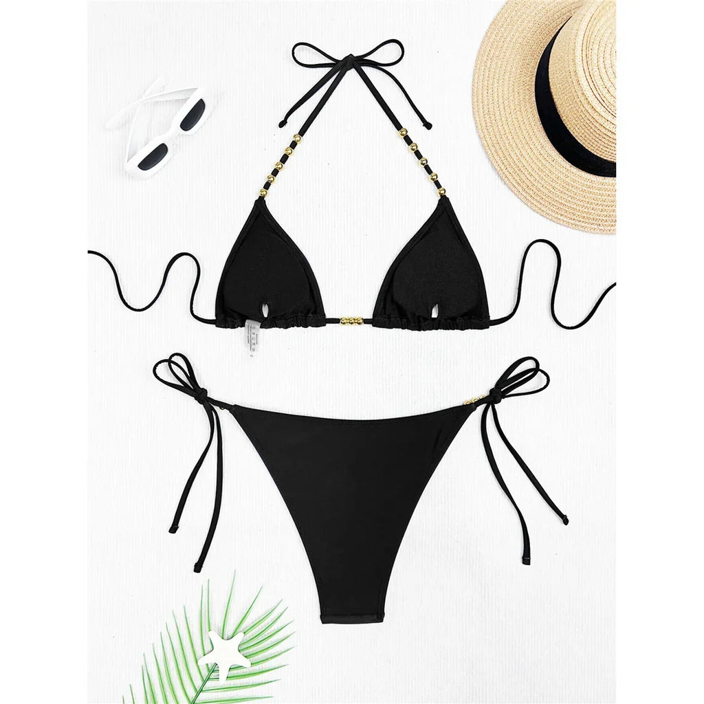 XS - L Halter Metal Bead Bikini Women Swimwear Female Swimsuit Two-Pieces Bikini Set High Leg Cut Bather Bathing Suit Swim V7618