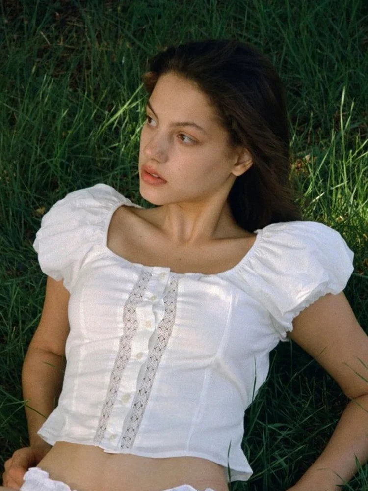 Foridol White Cotton Women Summer Crop Tops Lace Patchwork Short Female Tops Puff Sleeve Square Collar Slim Top Blouse 2025