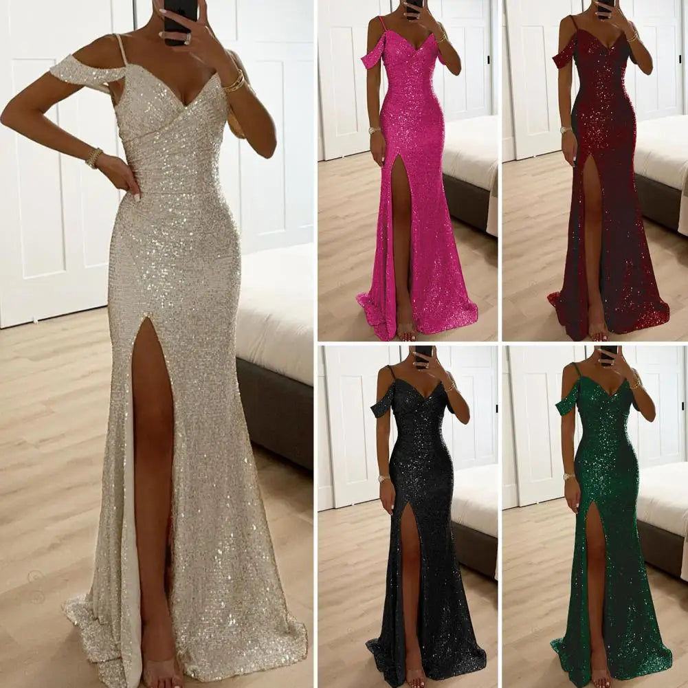 Women Evening Dress Off Shoulder V Neck Side Slit Floor Length Sequin Ball Gown Sleeveless Prom Wedding Party Banquet Maxi Dress