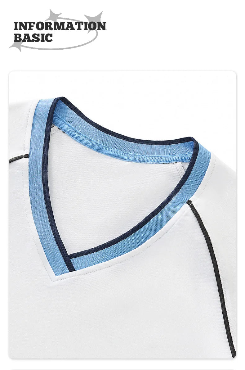 Hot girl top V-neck exposed navel contrasting color splicing clothes women's street short-sleeved T-shirt
