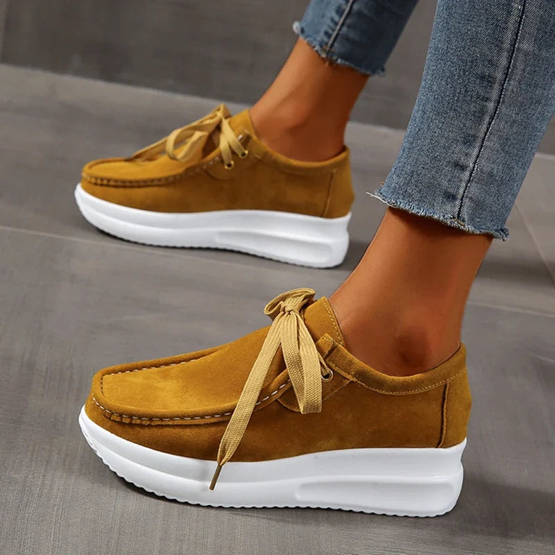 Yellow Lace Up Thick Bottom Sneakers Women Lightweight Wedges Platform Sport Shoes Woman Plus Size 43 Anti Slip Walking Shoes