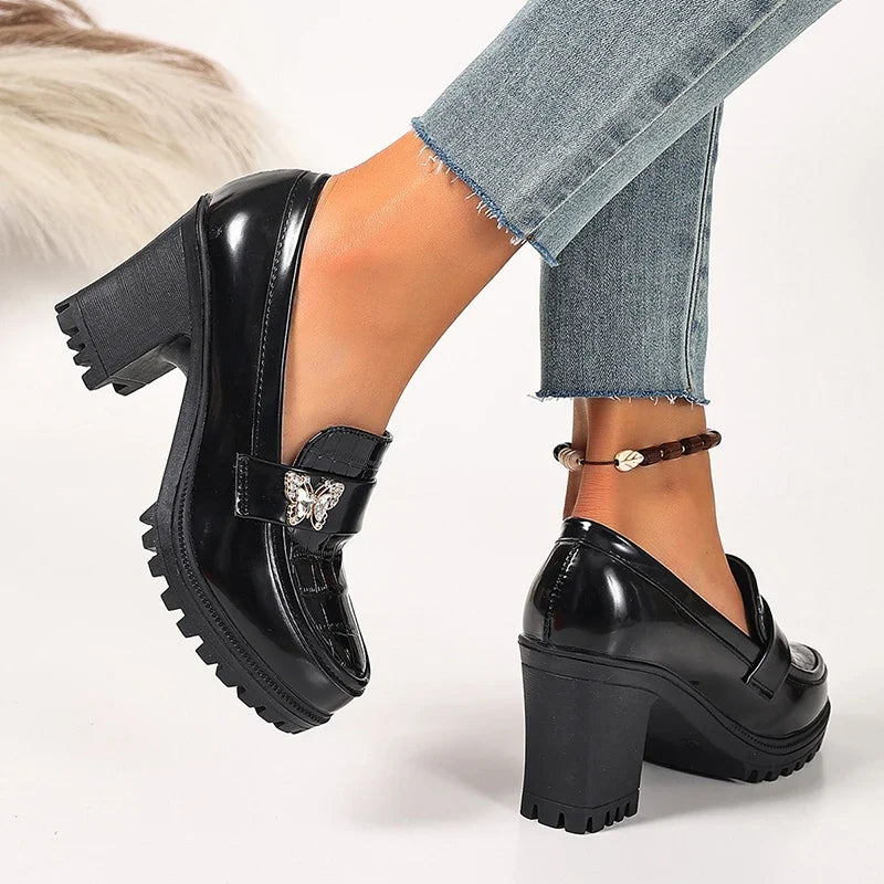 Crystal Butterfly High Heels Loafers Women Plus Size 42 Slip On Platform Pumps Woman Fashion Chunky Heel Pu Leather Shoes Ladies