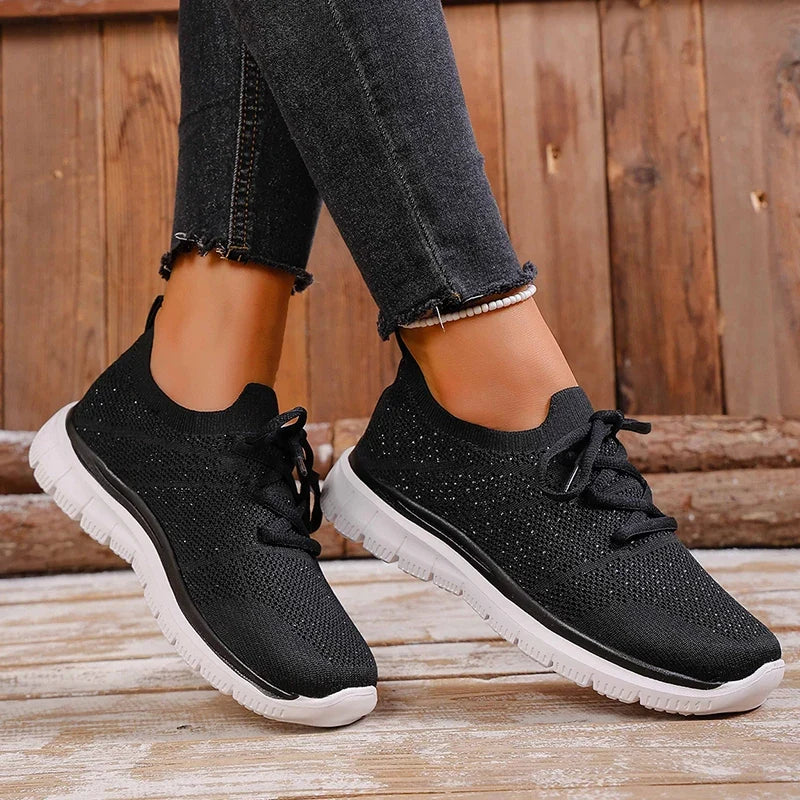 Breathable Mesh Sports Flat Shoes Women Plus Size 43 Slip On Knitted Platform Sneakers Woman Comfortable Soft Sole Running Shoes