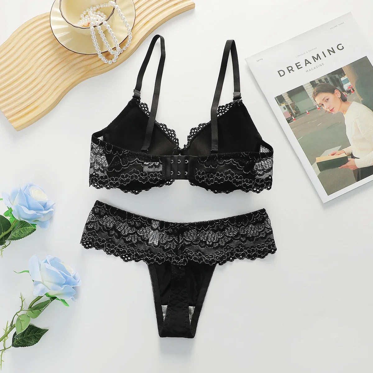 Women's Sexy Embroidered Lace Underwear Set with Steel Ring Padded Strapless Bra Set Adjustable Straps Push-Up Support B6116