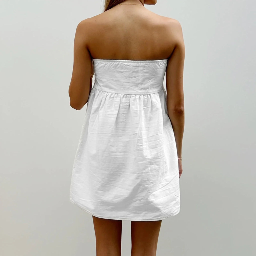 Women Sleeveless Strapless Backless Mini Dresses Summer Solid Color A-line Dress