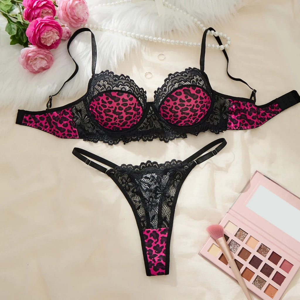 Rose Red Leopard Print Sexy Lingerie Set-See-Through Bra Set-Fashionable Women's Lingerie-Exquisite Intimate Underwear ZA825182