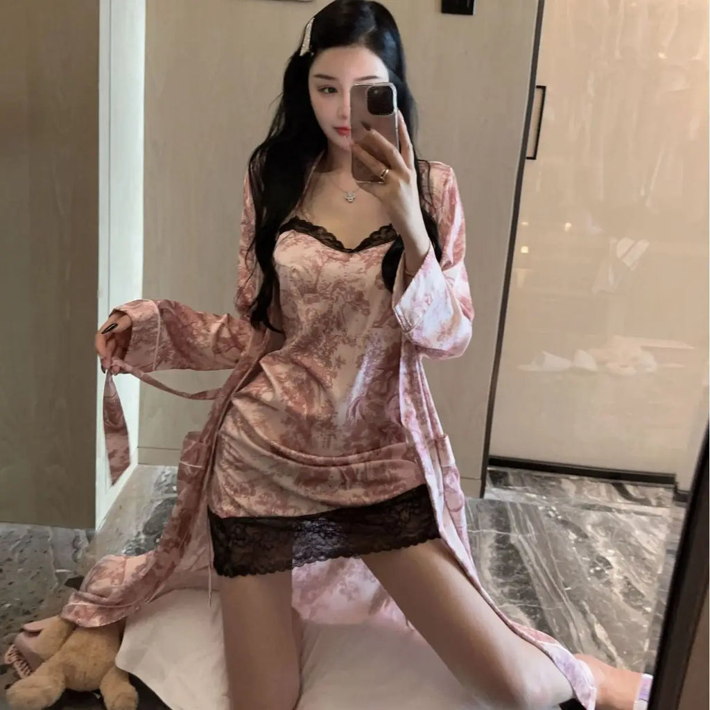 Ice Silk Sexy Pajamas Women's Spring and Autumn Suspender Lace Nightgown Robe High-end Home Clothes
