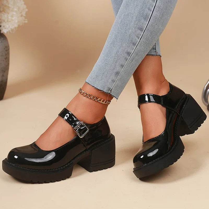 Elegant Adjustable Ankle Buckle Mary Jane Shoes Women Pu Leather Thick Heel Pumps Woman Round Toe Platform Casual Shoes Ladies