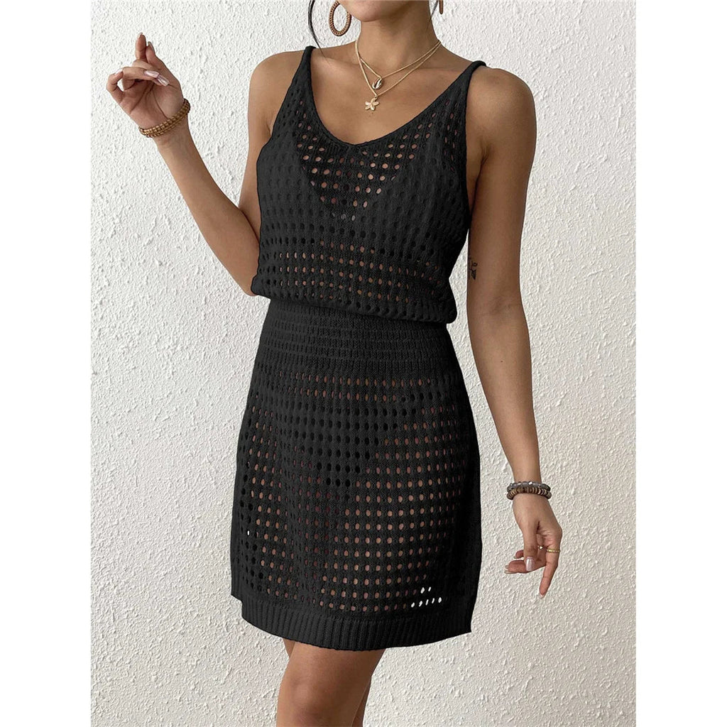 S - XL V Neck Hollow Out Crochet Knitted Tunic Beach Cover Up Cover-ups Beach Dress Mini Beach Wear Beachwear Female Women V7048