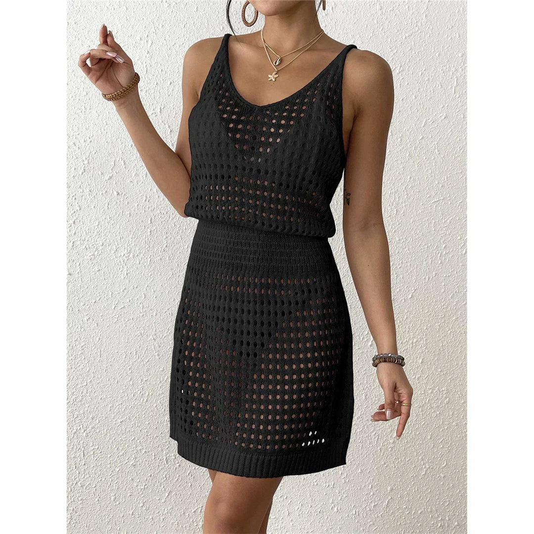 S - XL V Neck Hollow Out Crochet Knitted Tunic Beach Cover Up Cover-ups Beach Dress Mini Beach Wear Beachwear Female Women V7048