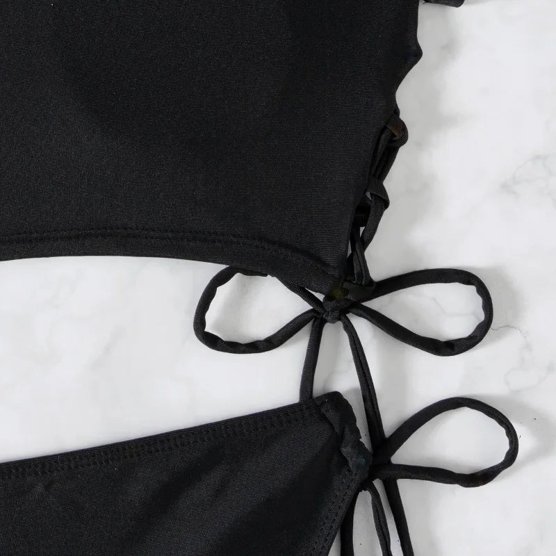 2026 New 2 Piece Swimsuit for Women Solid Color Sexy Drawstring Short Sleeve Bikini Set Beach Vacation Bathing Suit Swimwear