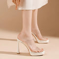 Transparent Crystal High Heel Sandals Women's Summer Versatile Slip-On Shoes Waterproof Platform Chunky Heel round Toe Polyureth