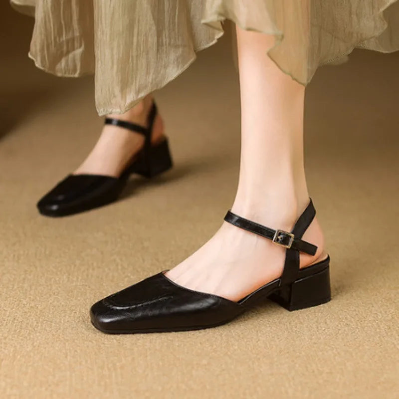 Plus Size 34-41 Women's Sheepskin Narrow Band T-strap Square Toe Summer Sandals 3.5cm Thick Low Heel Elegant Ladies Dress Shoes