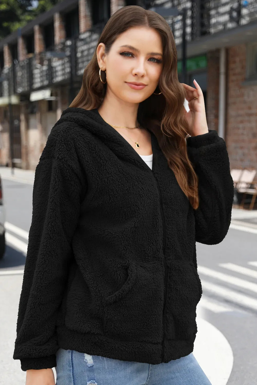 Phantasy Woman Hooded Fleece Coat Womens Casual Jacket Soft Heavy Autumn Winter Solid Hooded Jacket Ladies Outwear Overcoat