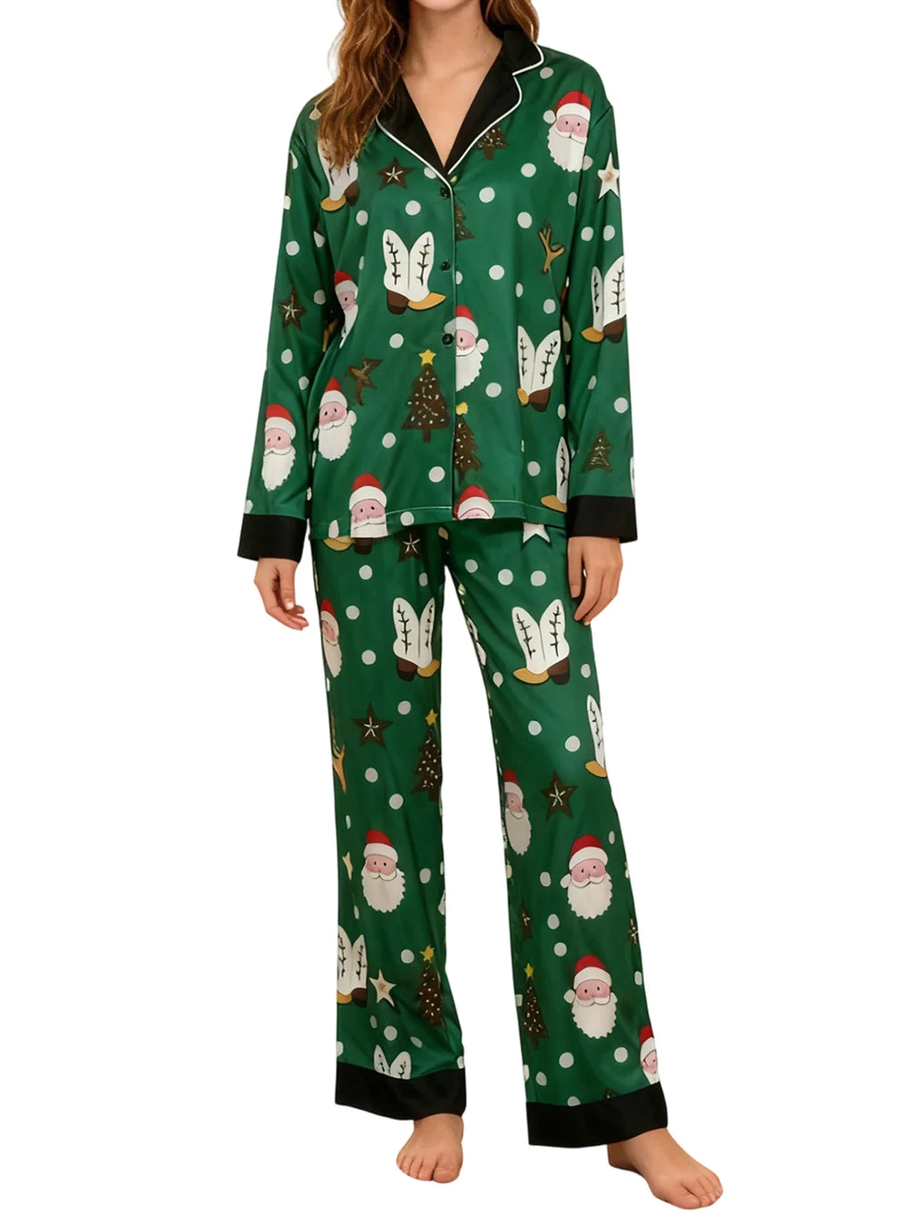 Women's Christmas Pajamas Set Long Sleeve V Neck Stocking Tree Print Tops and Pants Lounge Wear Two Pieces Suits