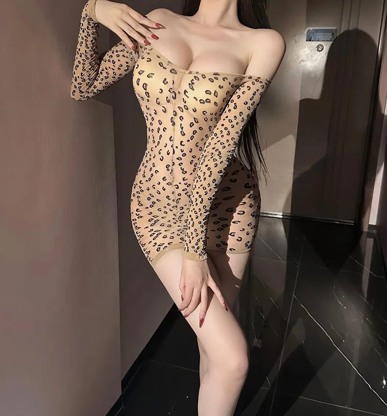 Erotic Lingerie Set for Women, Pure Desire Leopard Print Off-the-Shoulder Style, Chest-Baring Bodycon Mini Skirt,Easy slip-on