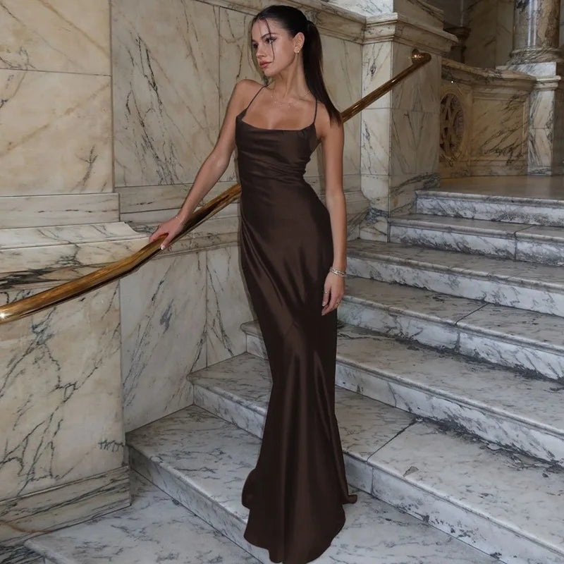 FDYOUI Women's Bandage Long Maxi Satin Dress Black 2026 Sexy Spaghetti Strap Slash Neck Backless Lace-up Party Evening Dresses