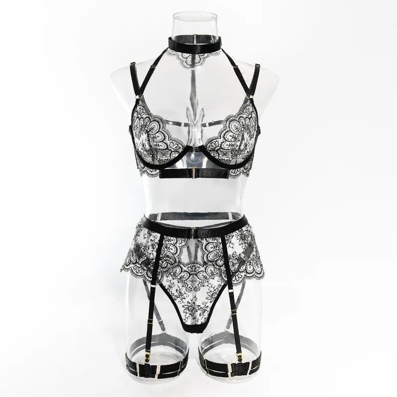 Toucheart 5 Piece Sexy Embroidery Underwear Set for Women Mesh Patchwork See-through Halter Underwear Garters Sexy Lingerie Set