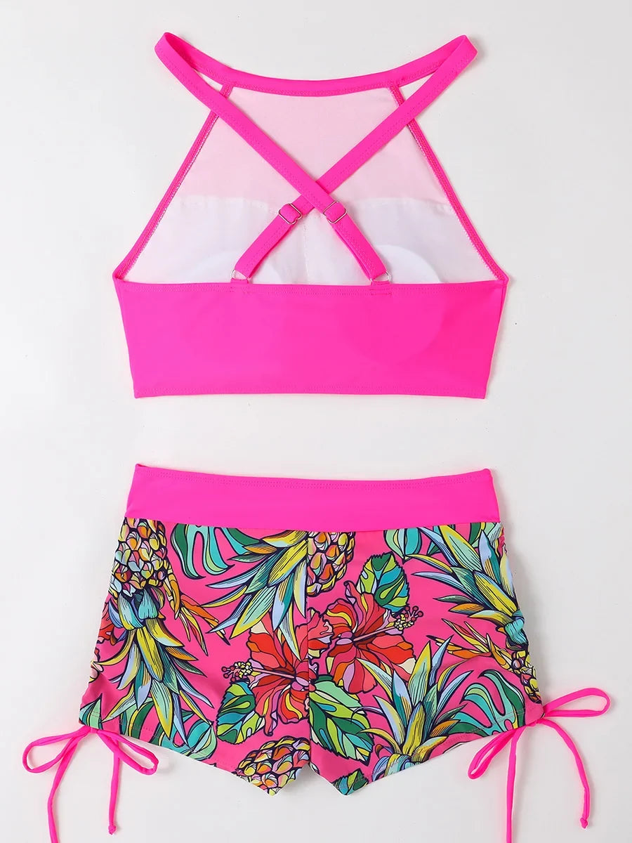 2026 Print High Waist Swimsuit Women High Neck Bikini Drawstring Swimwear Female Bathers Bathing Swimming Swim Suit Beachwear
