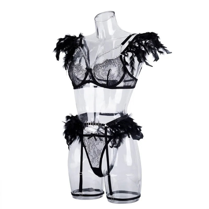 Toucheart 4 Piece Set Fun Lingerie For Women Feather Lace Splicing Chain Sexy Slim Mesh See-Through Sexy Lingerie Garters Suit