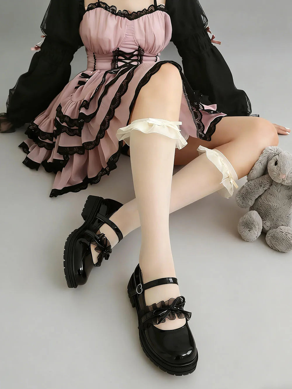2026 Plus size 47 Sweet Blue Lace Ruffles Mary Janes Shoes Women Gothic Black Bow Knot Cute Lolita Cosplay Flats Casual Shoes