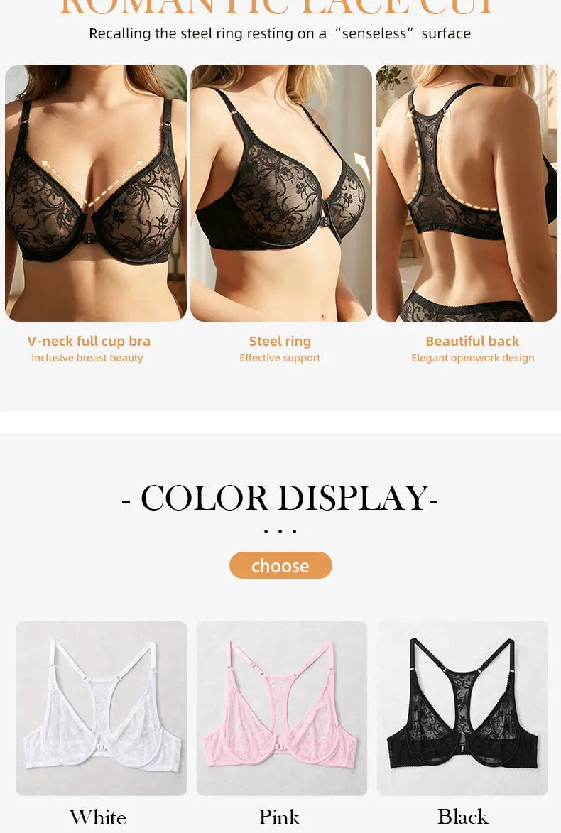 Womens Front Button Lace Bra Underwire Underwear Elegant Embroidery Beautiful bBack Plus Size Lingeire A B C D E F Cup