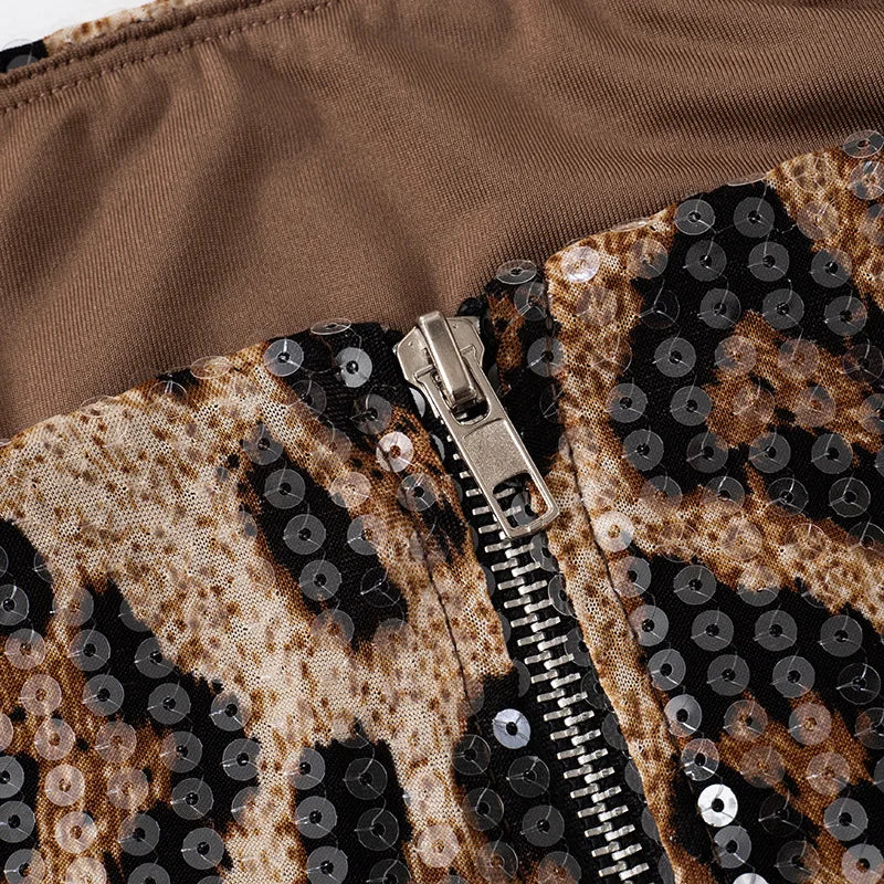 Sexy Chic Leopard Printed Corset Tops Women's Fashion Skinny Zip-up Sequins Crop Tops Strapless Night Club Outfit Streetwear