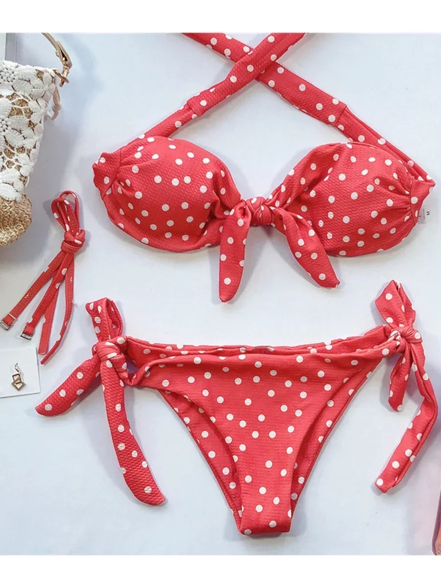 Ribbed Knotted Polka Dot Bikini 2025 Women Strapless Bandeau Swimsuit Female Swimwear Two Pieces Bikini Set Bathing Suit Swim