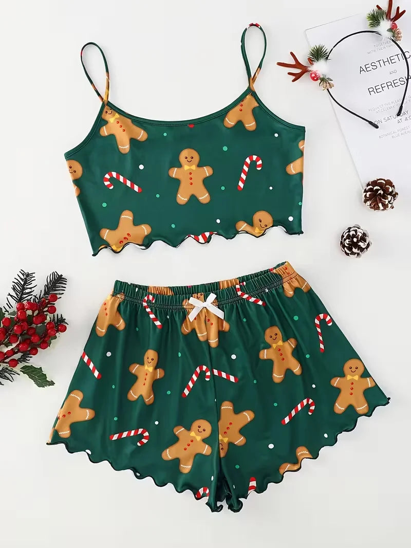 Christmas Clothes Cute Soft Gingerbread Print 2 Pieces Pajama Set Women's Sleepwear Crop Tops and Shorts Sets Loungewear