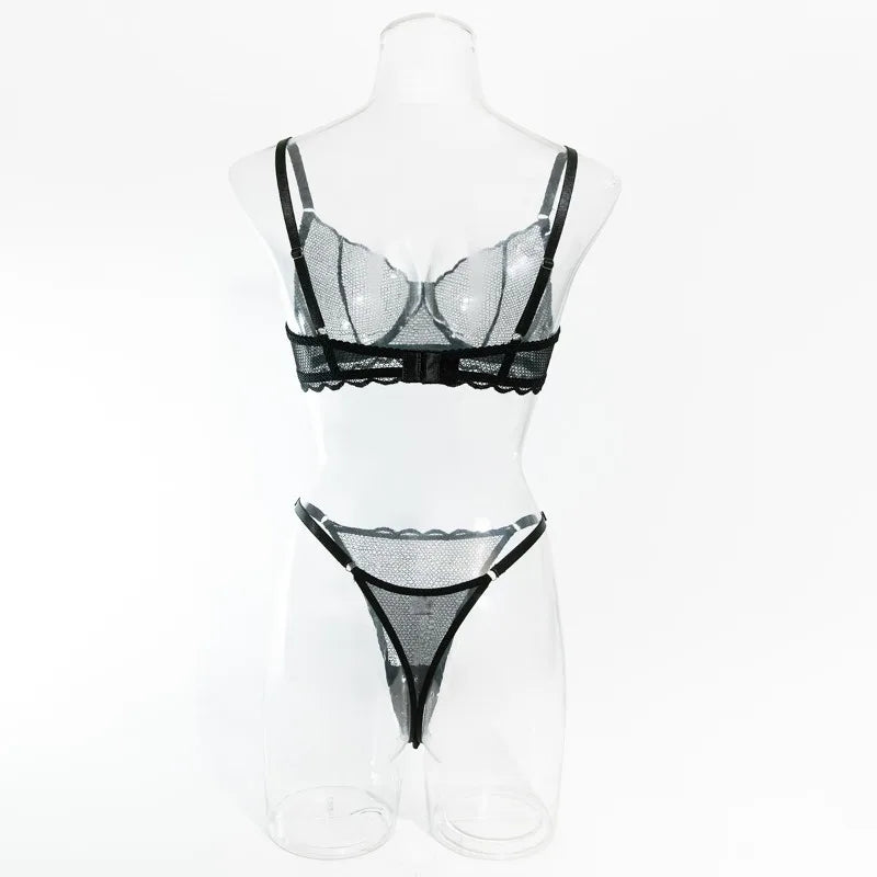 Toucheart Sexy Lingerie Suit for Women Lace Mesh Ultra-thin Underwear Comfortable Bra Set with Steel Rings Hollow Out Underwear