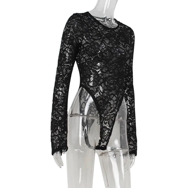 Ahagaga Floral Lace Women's Bodysuits Sexy Solid See Through Tees O-Neck Long Trumpet Sleeve Slim Fit Streetwear Rompers T Shirs