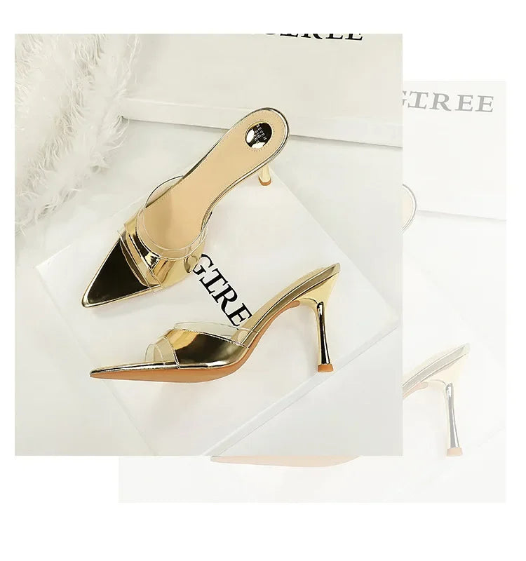 BIGTREE Shoes Women PVC Transparent Shoes for Women Sexy Pointed Open Toe Shallow Slider Slippers Ladies Sandal High Heels Mules