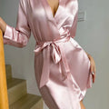 Solid Satin Night Robe Long Sleeve V Neck Robe With Belt Women's Sleepwear