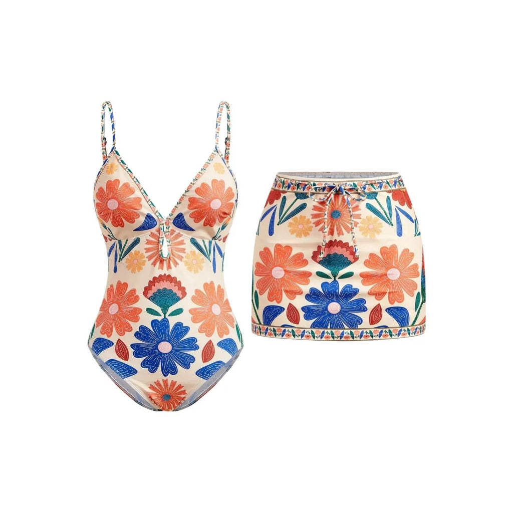S - XL New Floral Printed With Skirt Women Swimwear V Neck High Leg Cut Bather Bathing Suit Swim One Piece Swimsuit Female K8041