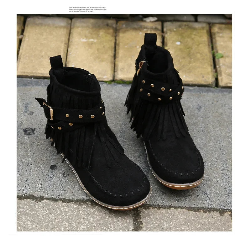 Vintage Women Boots Suede Ankle Boots Fringe Women Shoes Winter Boots Women Side Zipper Casual Shoes Ladies Snow Boot
