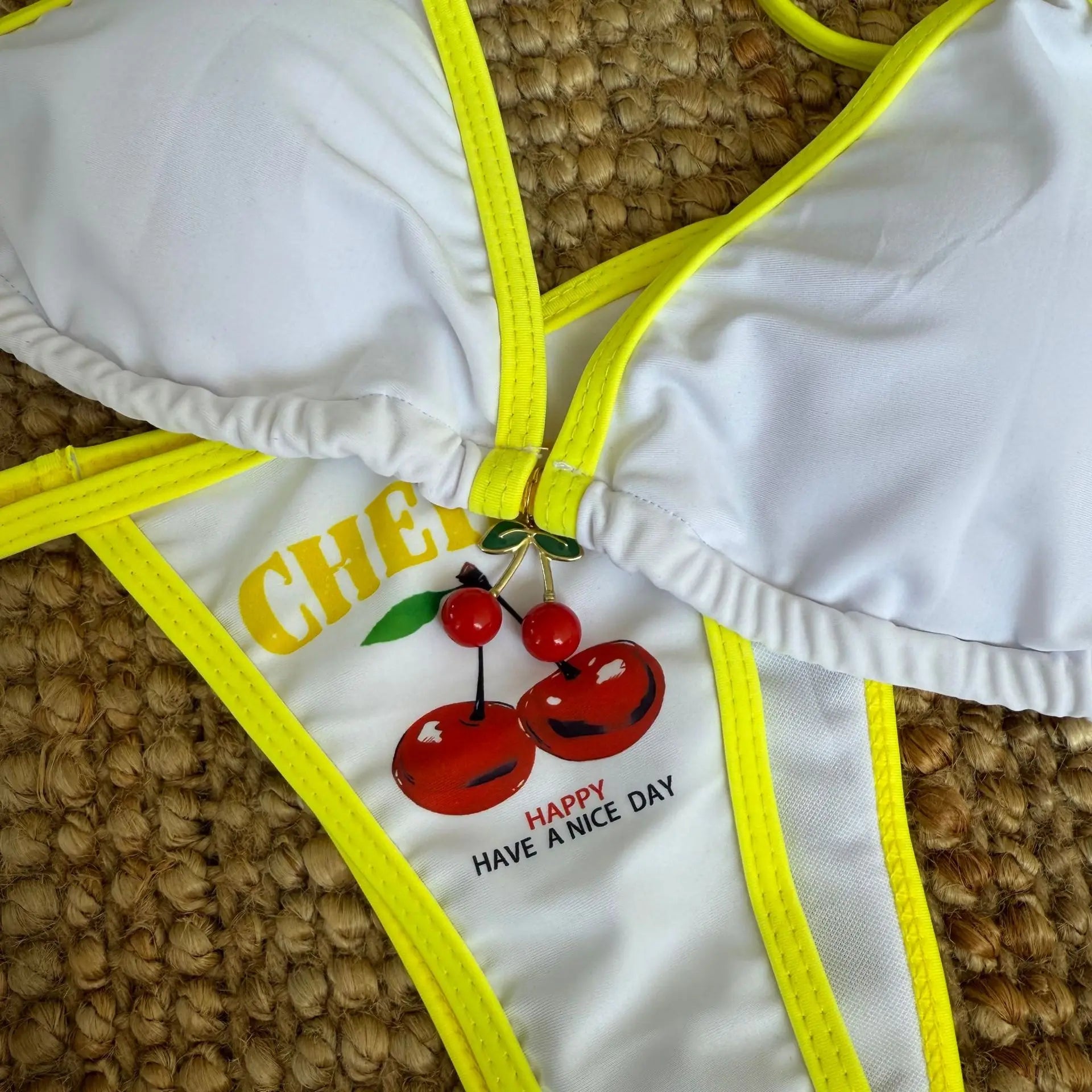 Cherry Print Mesh Short Sleeve Bikini Female Swimsuit Women Swimwear Three-pieces Bikini Set Micro Bathing Suit Swim Beachwear