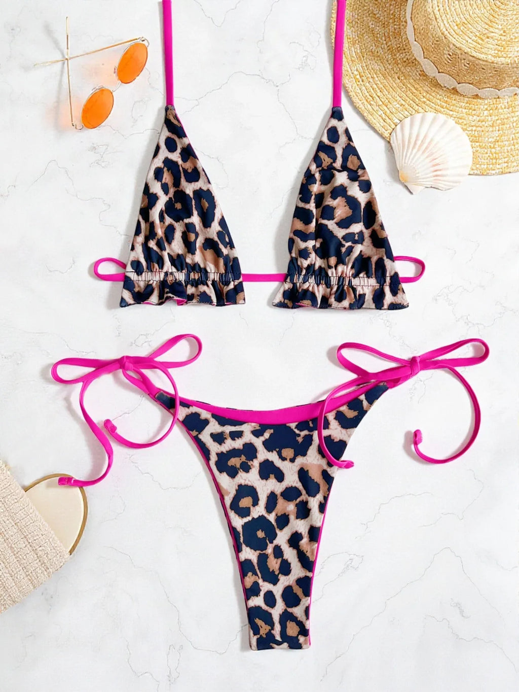 2026 Summer Leopard Print 3 Pieces Suit Swimwear Reversible Sexy Halter Lace-up Bikini Set Drawstring Skirt Cover Up Beachwear