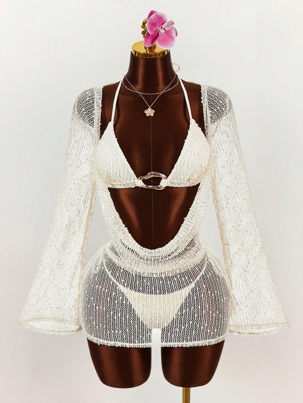Sexy Metal Buckle Push Up Bikini Set 2026 Women Hollow Out Mesh Long Sleeve Cover Up 3 Piece Swimsuit Pool Bathing Suit Swimwear