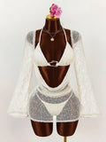 Sexy Metal Buckle Push Up Bikini Set 2026 Women Hollow Out Mesh Long Sleeve Cover Up 3 Piece Swimsuit Pool Bathing Suit Swimwear